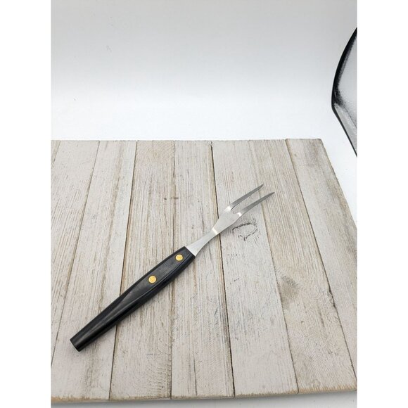 USA Stainless Steel Meat Fork 2 Wide Prong 10 1/3" Black Handle Vintage - Picture 2 of 7